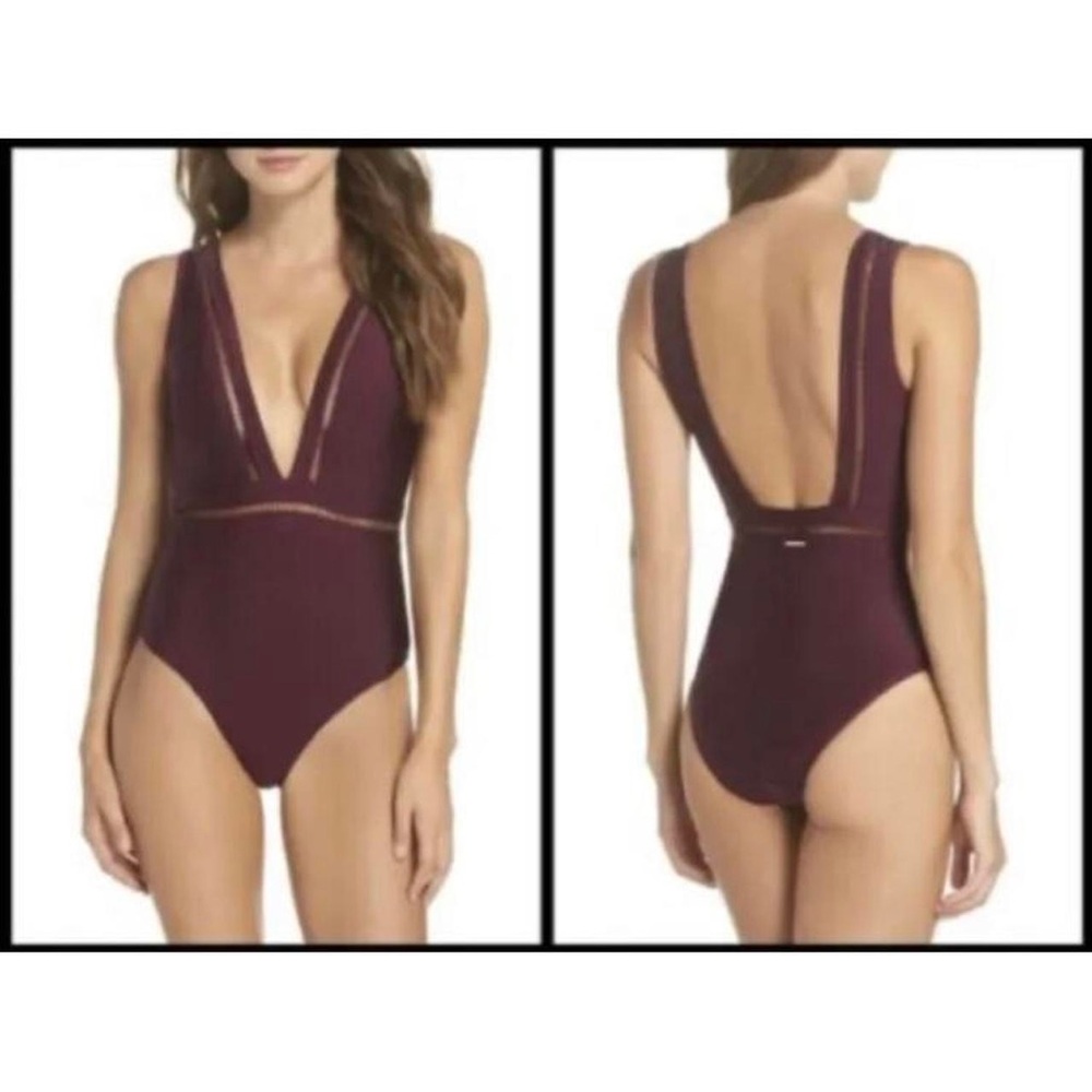 Ted Baker Pointelle Deep V Maroon Swimsuit Sz 6